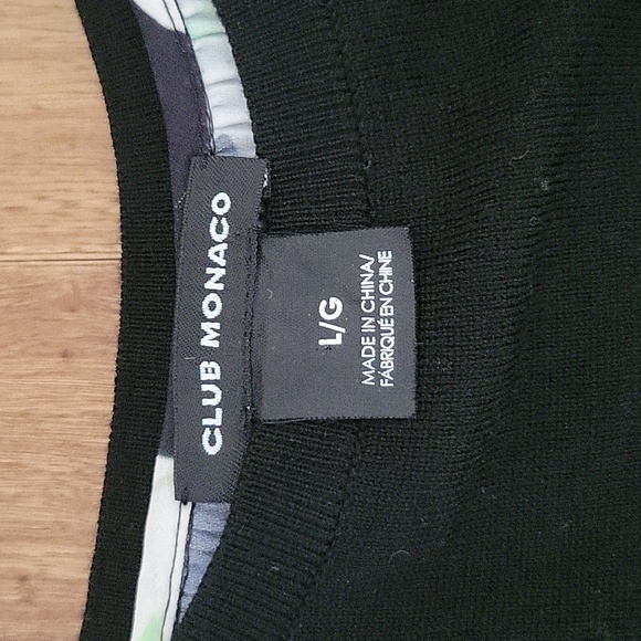 Club Monaco Black Wool Long Sleeve Sweater Split Back Layered Floral Large - Picture 2 of 9